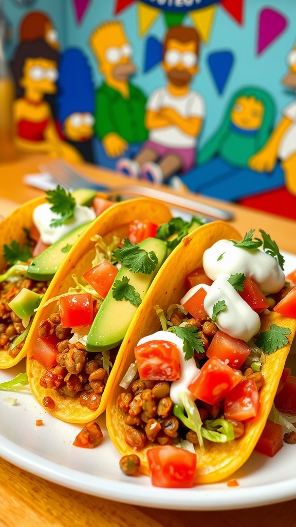 Vegan Level 5 Taco Recipe Inspired by The Simpsons A plate of vegan tacos filled with lentils, avocado, tomatoes, and lettuce, garnished with cilantro and vegan sour cream.